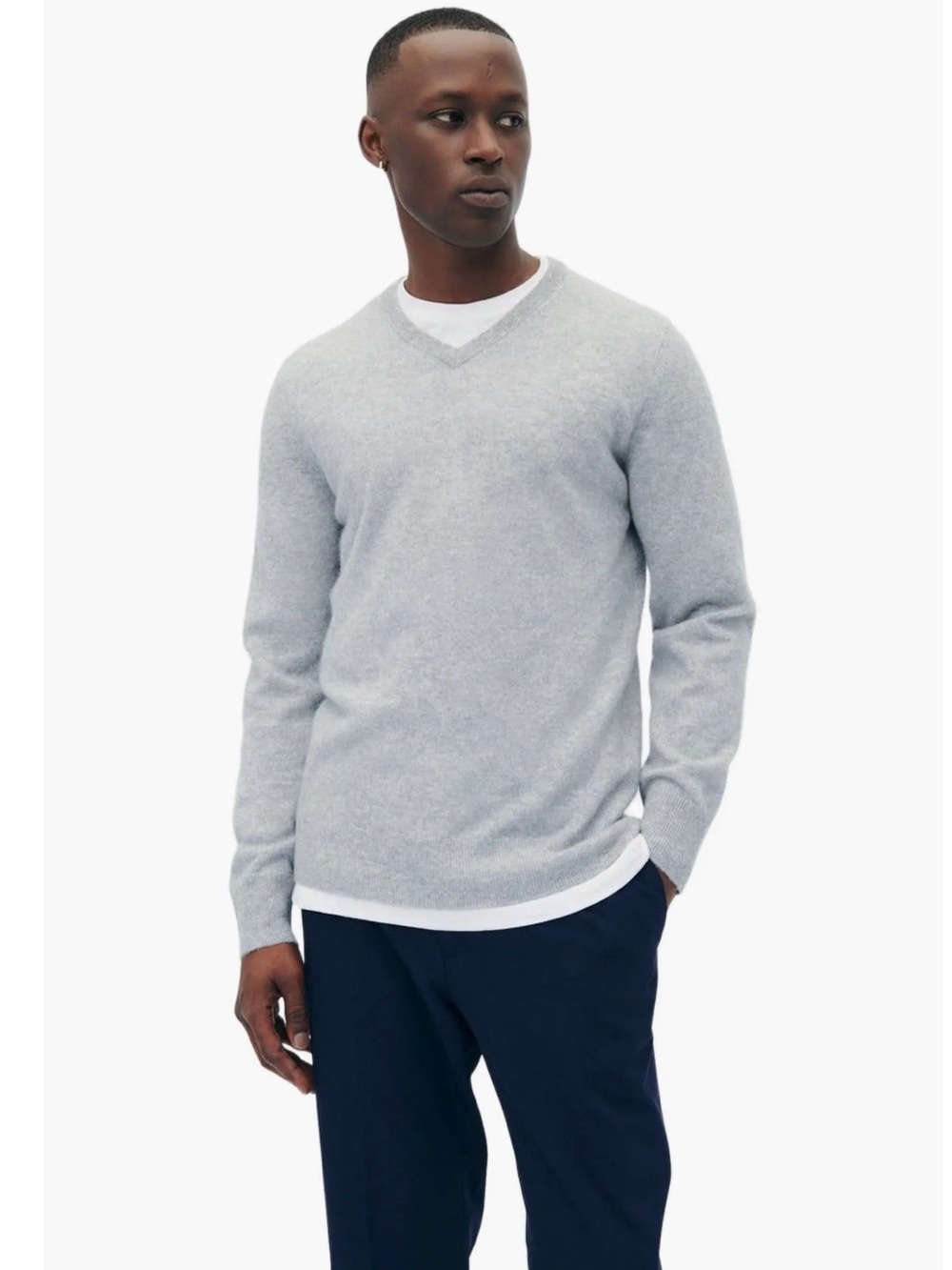 Soft by NAADAM Mens Cashmere V Neck Sweater Large Heather Grey Fall Winter